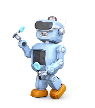 Low poly style retro robot wearing VR headset isolated on white background. 3D rendering image.
