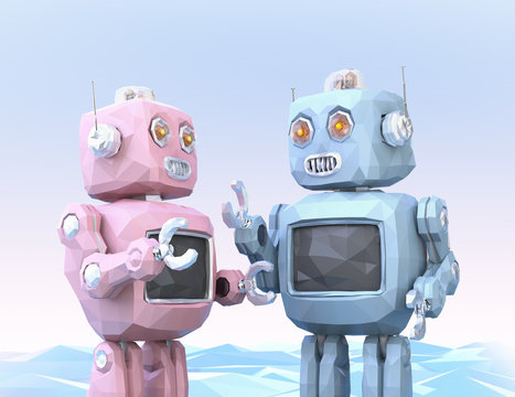 Low poly style robots are enjoyed chatting with each other. 3D rendering image.