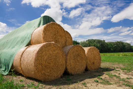 Gestapelte Strohballen nach der Ernte im Sommer