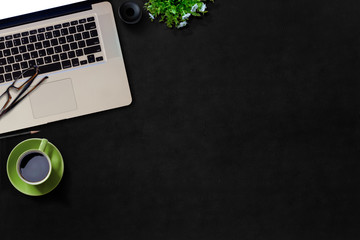 Creative professional designer's desk with designer digital tablet from above.