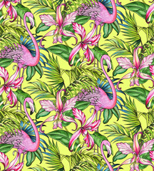 seamless pattern with palms and flamingo.