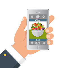 Flat vector illustration. Hand taking picture photo of food in restaurant or cafe with smartphone. Selfie shot.