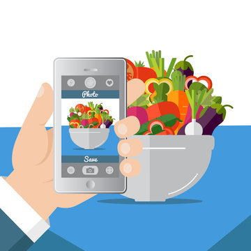 Flat vector illustration. Hand taking picture photo of food in restaurant or cafe with smartphone. Selfie shot.