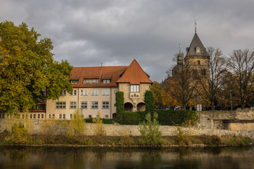 Fototapeta na wymiar The old city Hamelin on a river, Germany