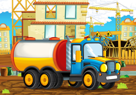 cartoon scene of a construction site with heavy truck cistern - illustration for children