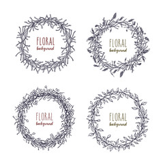 Obraz premium Floral round wreaths set. Hand drawn frames, collection. Monochrome vector illustration.