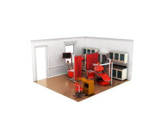 Isometric dentist office red 3d rendering on white background no shadow