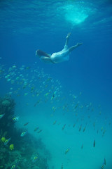 Fototapeta na wymiar Girl in white underwater