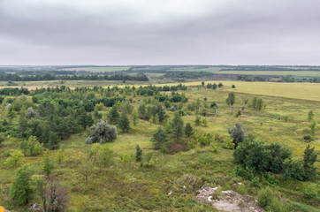 Obraz premium Aerial view on fields and forest on the top of roof