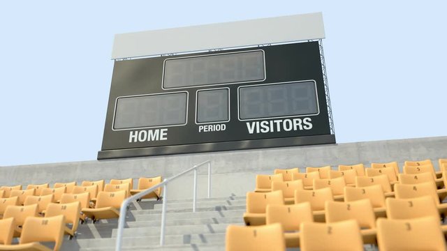 A slow pan across a blank stadium scoreboard screen above the stands in the day time