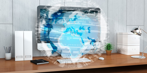 Digital planet Earth floating in office 3D rendering