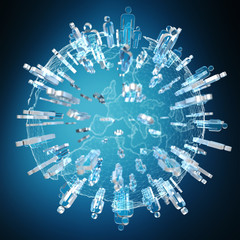 3D rendering group of icons people surrounding planet Earth