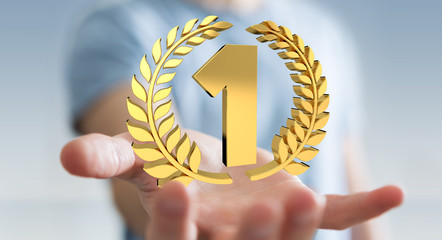 Businessman winning the first golden price 3D rendering