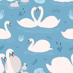 Seamless pattern with white swans. Singles and birds pairs with chicks. Swan's couples on blue background. Colorful vector illustration. © Good Studio