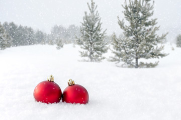 Christmas balls in the snow.