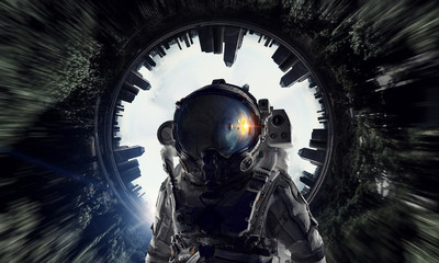 Fototapeta premium Adventure of spaceman. Mixed media