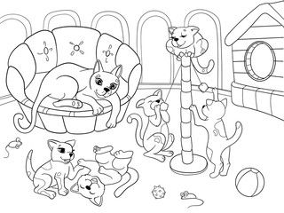 Childrens coloring book cartoon family on nature. Mom cat and kittens children