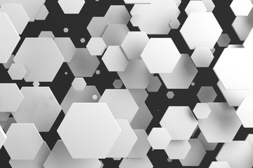 White hexagons of random size on black background