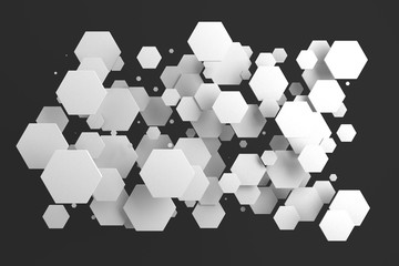 White hexagons of random size on black background