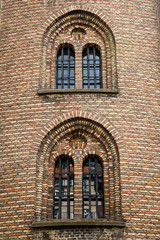 Facade and Windows of Church with red and yellow bricks, Copenhagen, Europe