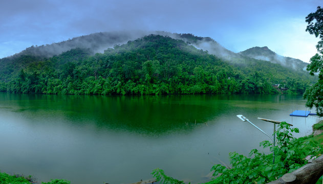 Mountain forest with fog and  kwai river landscape on rain in kanchanaburi, Thailand. Natural concept