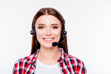 Closeup portrait of successful young brunette girl, who is wearing headset on a pure white...