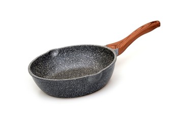 Metal frying pan with non-stick coating on white background