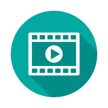 Video clip player icon with long shadow. Flat design style. Movie player simple silhouette. Modern, minimalist, round icon in stylish colors. Web site page and mobile app design vector element.