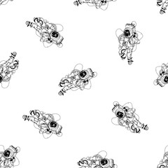 Astronaut in spacesuit seamless pattern. Cosmonaut in space on white background. Black and white outline vector illustration.
