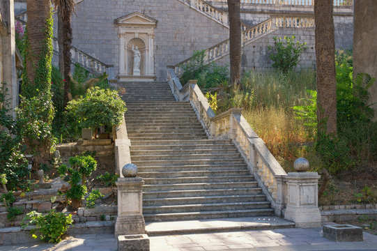 Staircase in Birth of Our Lady church. Prcanj town. Montenegro