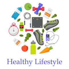 Circular concept of sports, fitness, healthy lifestyle equipment, elements. Vector illustration design