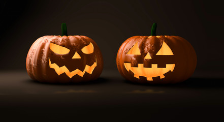 Two Halloween Pumpkins with dark and myterious background