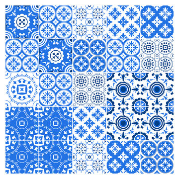 Majolica tile collection azulejo design. Blue pattern with national ornate set. Vector illustration.