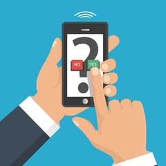 Hand, finger pressing buttons no or yes on a mobile screen, app. Vector illustration.