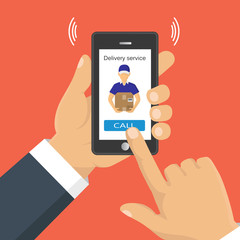 Hand holding a phone, calling in service delivery. Concept of free, fast delivery, shipping. Vector illustration.