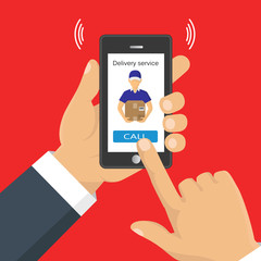 Hand holding a phone, calling in service delivery. Concept of free, fast delivery, shipping. Vector illustration.