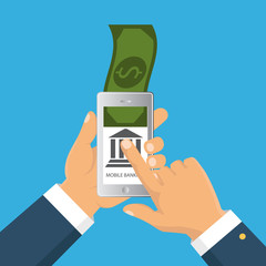 Vector flat illustration. Flat cartoon style. Send money via smartphone. Concept for mobile banking and online payment.
