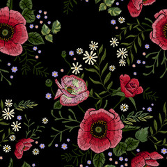 Embroidery traditional seamless pattern with red poppies and chamomiles. Vector embroidered floral patch with flowers for clothing design.