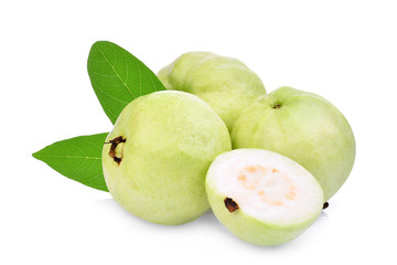 whole and half guava fruit with green leaf isolated on white background