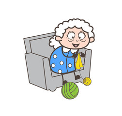 Cartoon Happy Old Lady Making Design with Woolen Vector Illustration