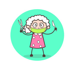 Cartoon Granny with Scissors and Knife Vector Illustration