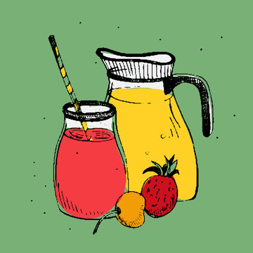 Cold drinks with fruits and berries. Jar and glass with fresh smoothie. Colorful square vector illustration on green background.