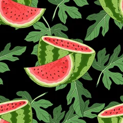 Fototapete Wassermelone Nahtloses Muster mit Wassermelone und tropischen Blättern im Hintergrund. Vektor-Illustration.