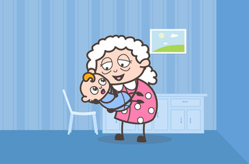 Cartoon Granny Playing with Cute New Born Grandson Vector Graphic