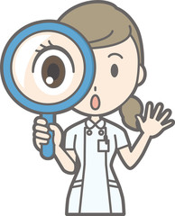 Illustration that a nurse wearing a white suit has a magnifying glass