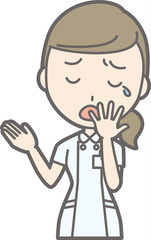 An illustration that a nurse wearing a white suit is yawing