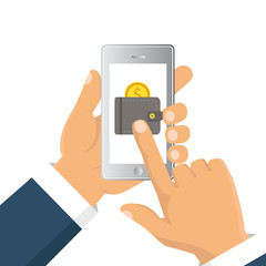 Vector flat illustration. Flat cartoon style. Send money via smartphone. Concept for mobile banking and online payment.