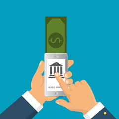 Vector flat illustration. Flat cartoon style. Send money via smartphone. Concept for mobile banking and online payment.
