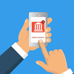 Vector flat illustration. Flat cartoon style. Send money via smartphone. Concept for mobile banking and online payment.