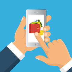 Vector flat illustration. Flat cartoon style. Send money via smartphone. Concept for mobile banking and online payment.